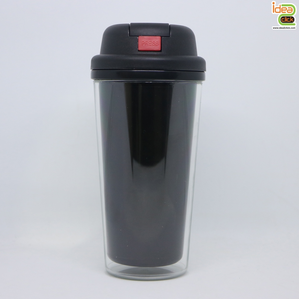 กระบอกน้ำพลาสติกพร้อมหลอด (ทรงวี) 2 ชั้น ใส่ภาพข้างในได้ตามต้องการ