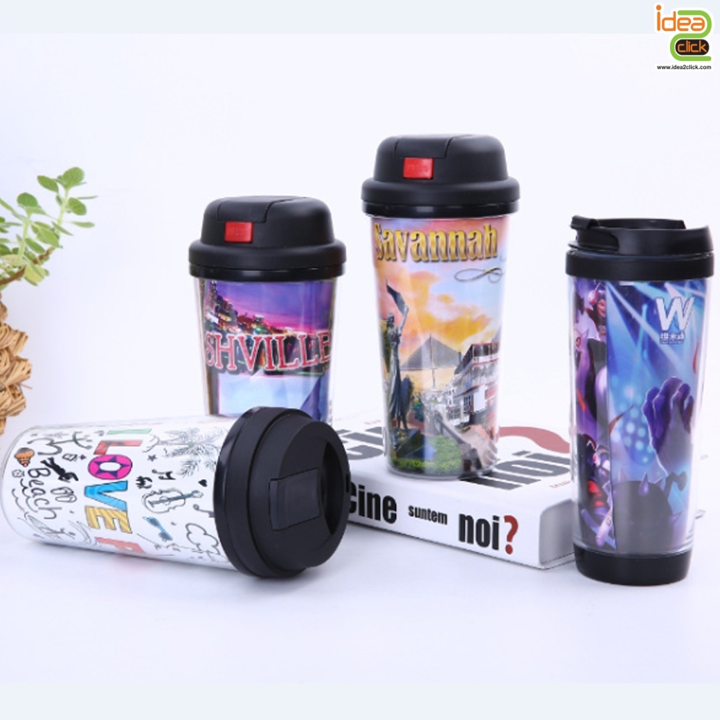 กระบอกน้ำพลาสติกพร้อมหลอด (ทรงวี) 2 ชั้น ใส่ภาพข้างในได้ตามต้องการ