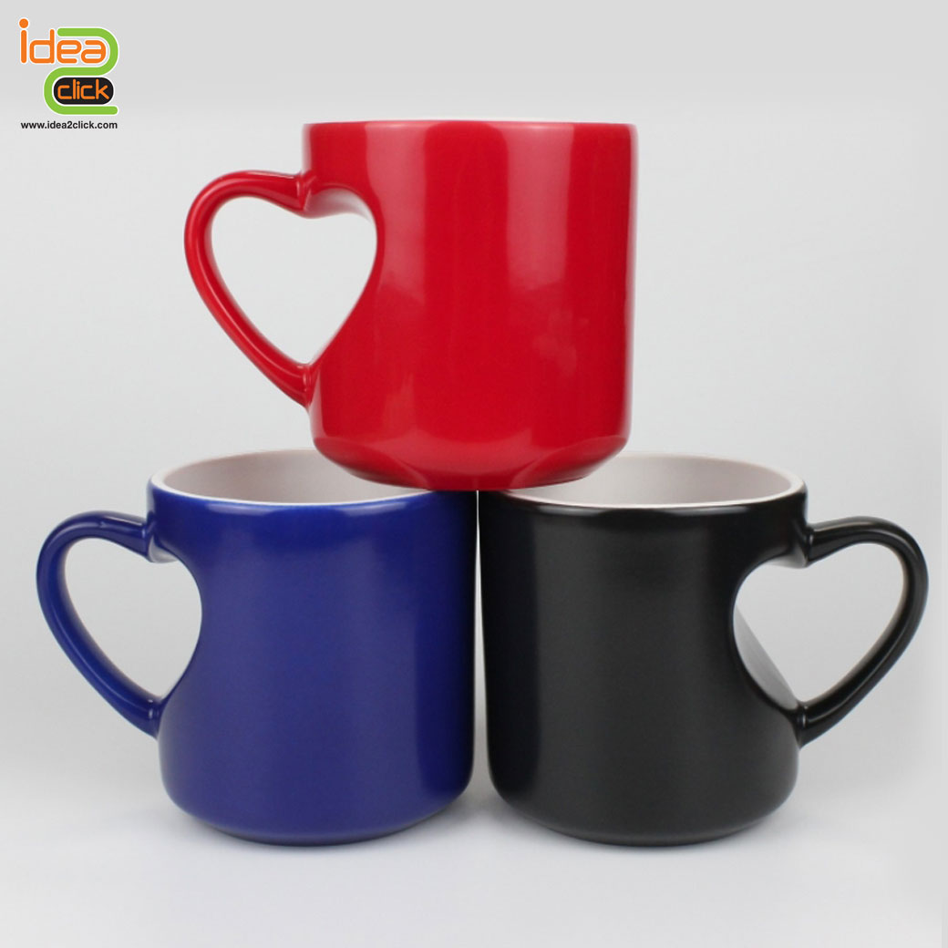 แก้วเซรามิคหูเว้าหัวใจเนื้อเงาเปลี่ยนสีเมื่อใส่น้ำร้อน 11 oz.